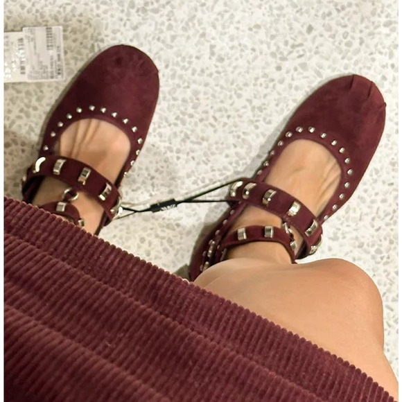 🍷 ZARA Leather Studded Ballet Flats NWT | Burgundy Suede Buckle Strap 7.5–8 - Picture 4 of 16